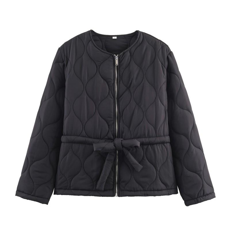 Womens Lightweight Quilted Puffer Jacket With Drawstring Waist Round Neck Stitch Streetwear Style