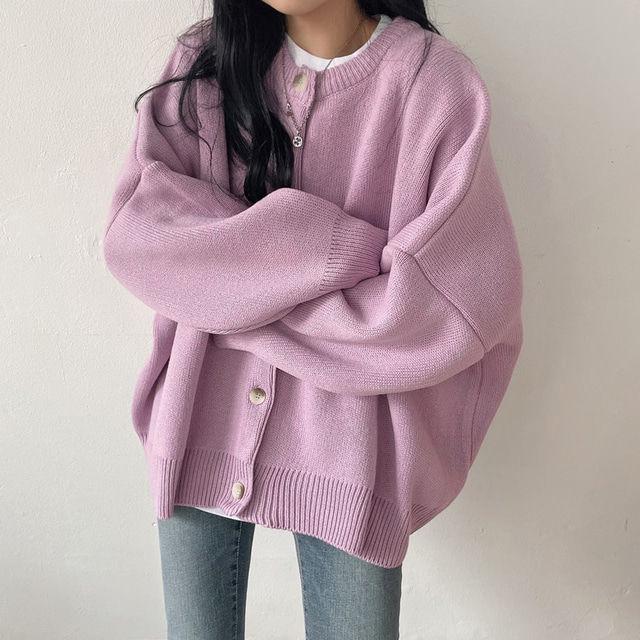 Long Sleeve Loose Knit Cardigan - Women's Versatile Retro Sweater, Round Neck, Lazy Style for Spring & Autumn
