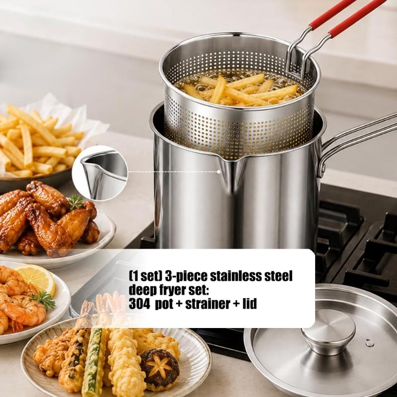 Type 304 Steel Stovetop Frying Saucepan Set with Removable Perforated Basket, Lid, and Narrow Deep Shape for Frying Modest Servings and Draining
