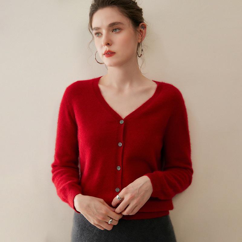 Women's V-neck Pure Cashmere Knit Cardigan - Soft & Fluffy Autumn/Winter Layer
