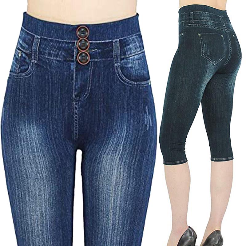 Молодые женщины красоты джинсовой печати Leggings прикладом Подъем Мода Тонкий упругий высокий Waist брюки обрезанные брюки – купить по низким ценам в интернет-магазине Joom