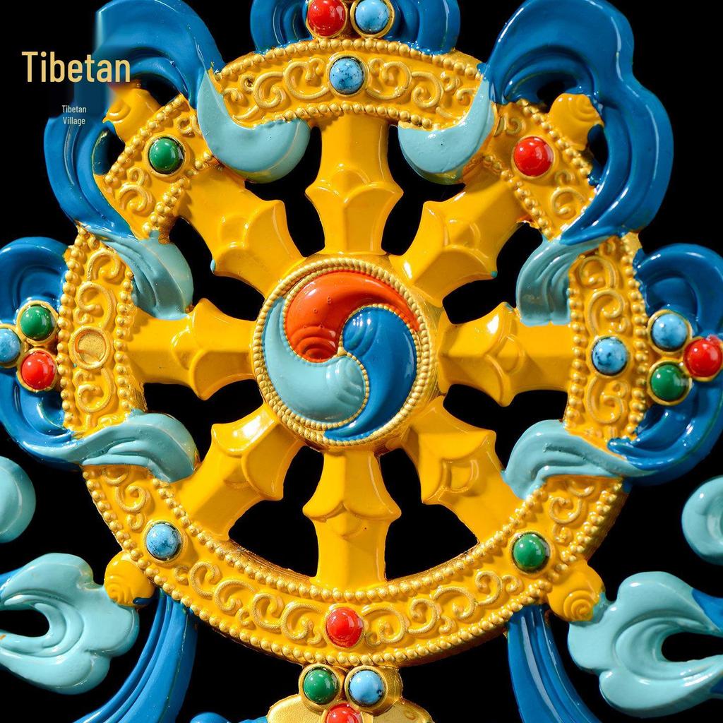 Tibetan Auspicious Symbols: Eight Treasures Golden Wheel Ornament for Home Altar Decoration