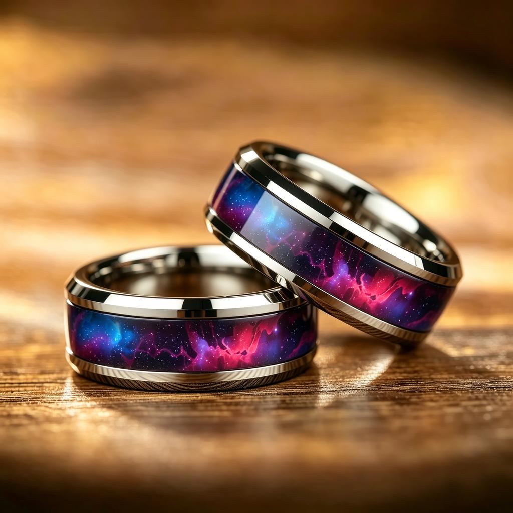 With Purple, Red, Blue Gradient Nebula Pattern Rings , 8mm Cosmic Starry Sky Stainless Steel Men Ring, Wedding Band Jewelry