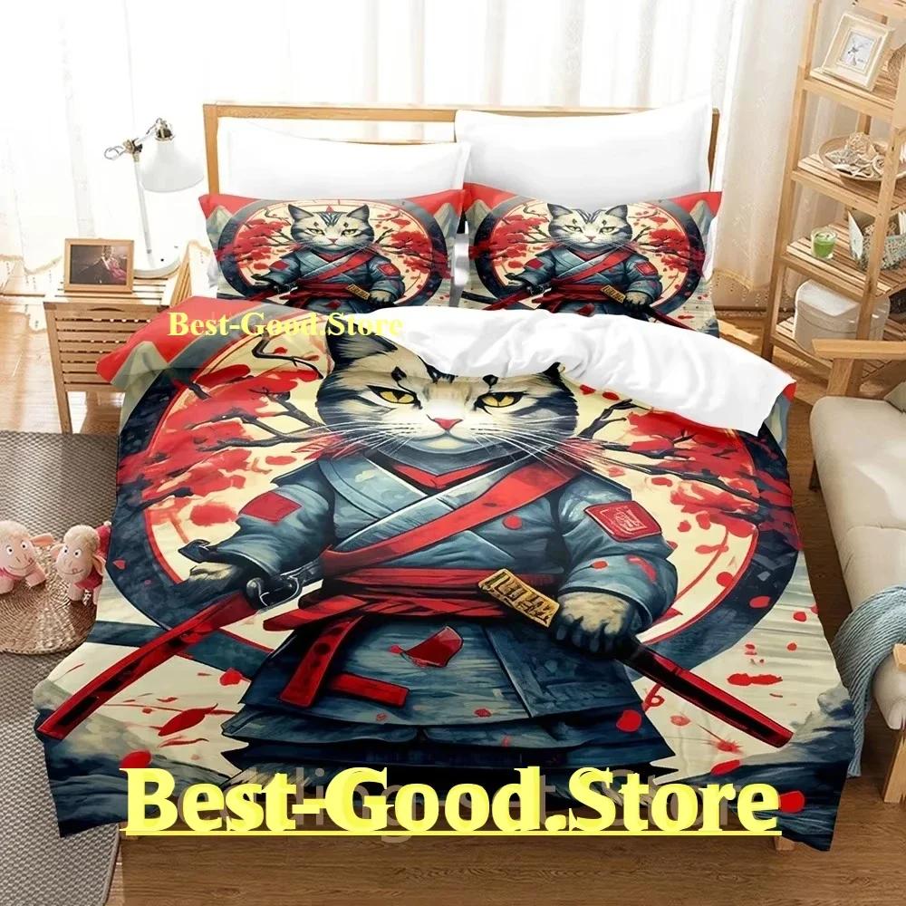 COOL Samurai Cat Bedding Set Duvet Cover Full Queen King Size Pillowcase Bed Printed Bed Set Aldult Kid Bedroom Single Twin
