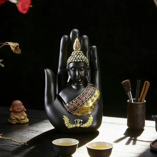 Palm Buddha Statue Meditating Thai Buddha Sitting Figurine Spiritual Sculpture for Home Office Zen Decor