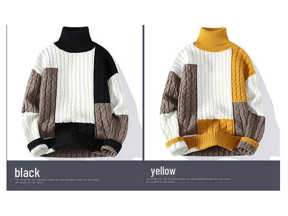 Men's Trendy High Collar Color Block Knit Pullover Sweater for Spring and Autumn