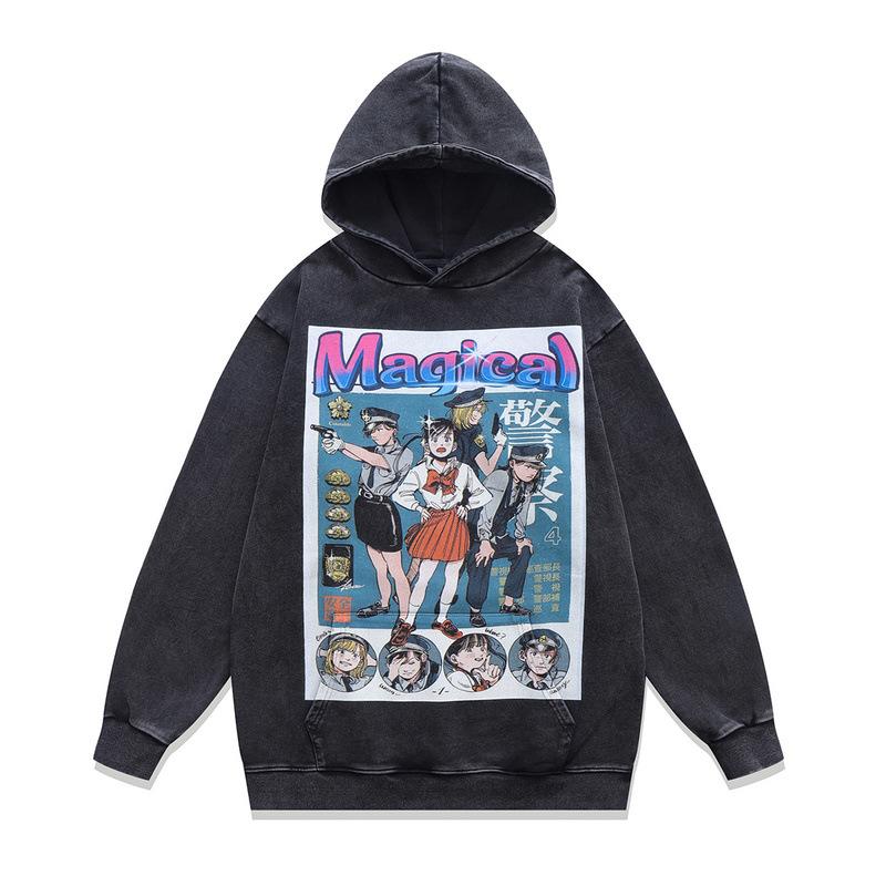 Japanese Cartoon Animation Direct Injection Printing Hooded Sweater Men'S Retro Washed Old Cotton Hoodie Men