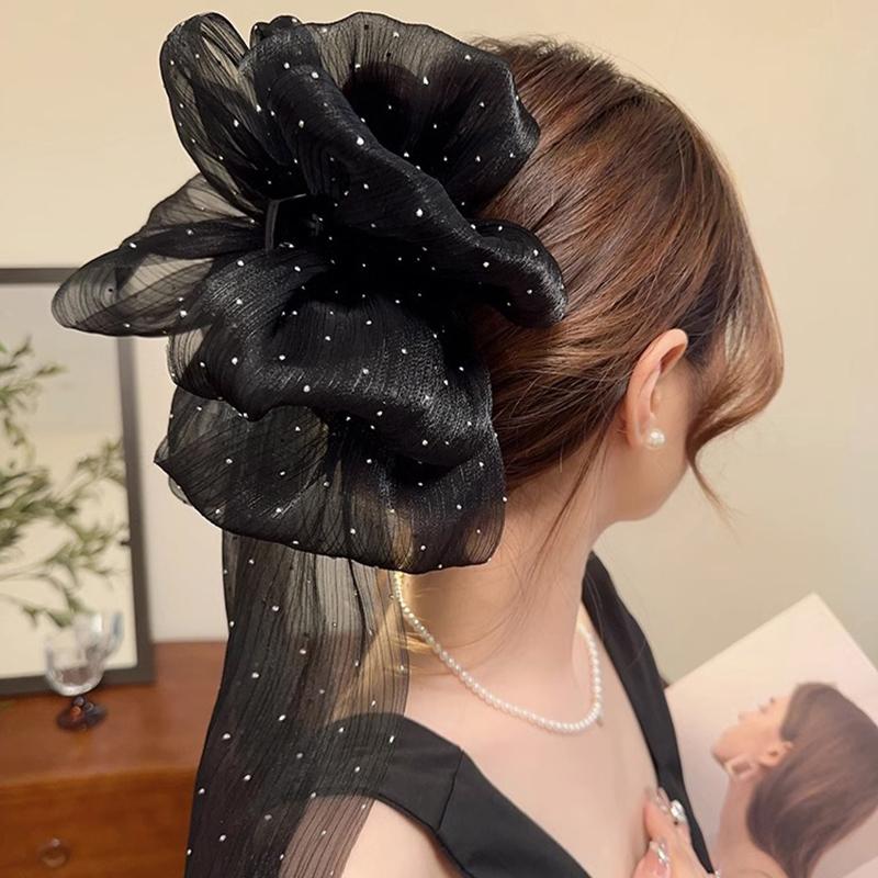 Korean Style Fashion Large Bow Ribbon Hair Claw Super Fairy Temperament Glitter Rhinestone Hair Clip Girl Sweet Hair Accessories