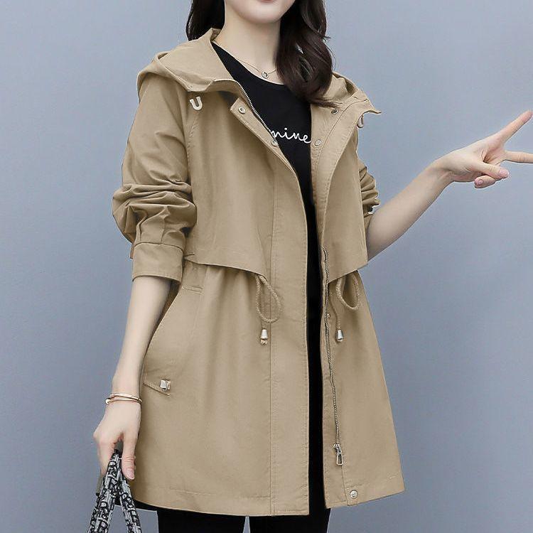 Women's Long Windbreaker Spring Autumn Loose Casual Fashion Military Coffee Color Hooded Jacket