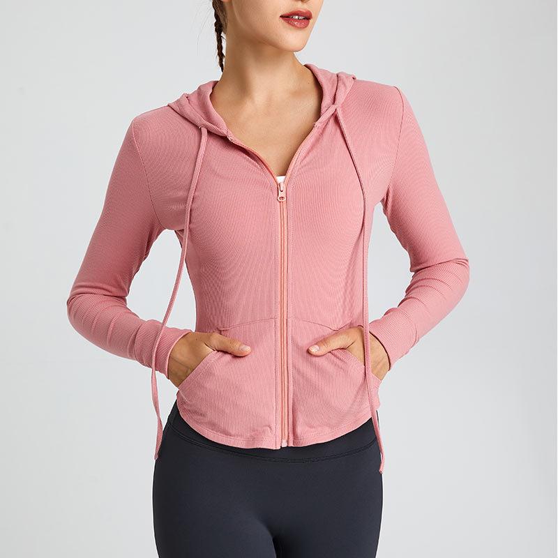 "Tight Fit Women's White Long Sleeve Hooded Yoga Jacket"