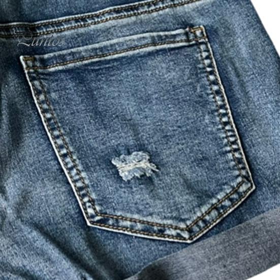 Pantaloni scurți din denim rupți pentru femei, talie medie, cu manșete rulate, elastici, pantaloni scurți de vară, distressed, cu buzunare