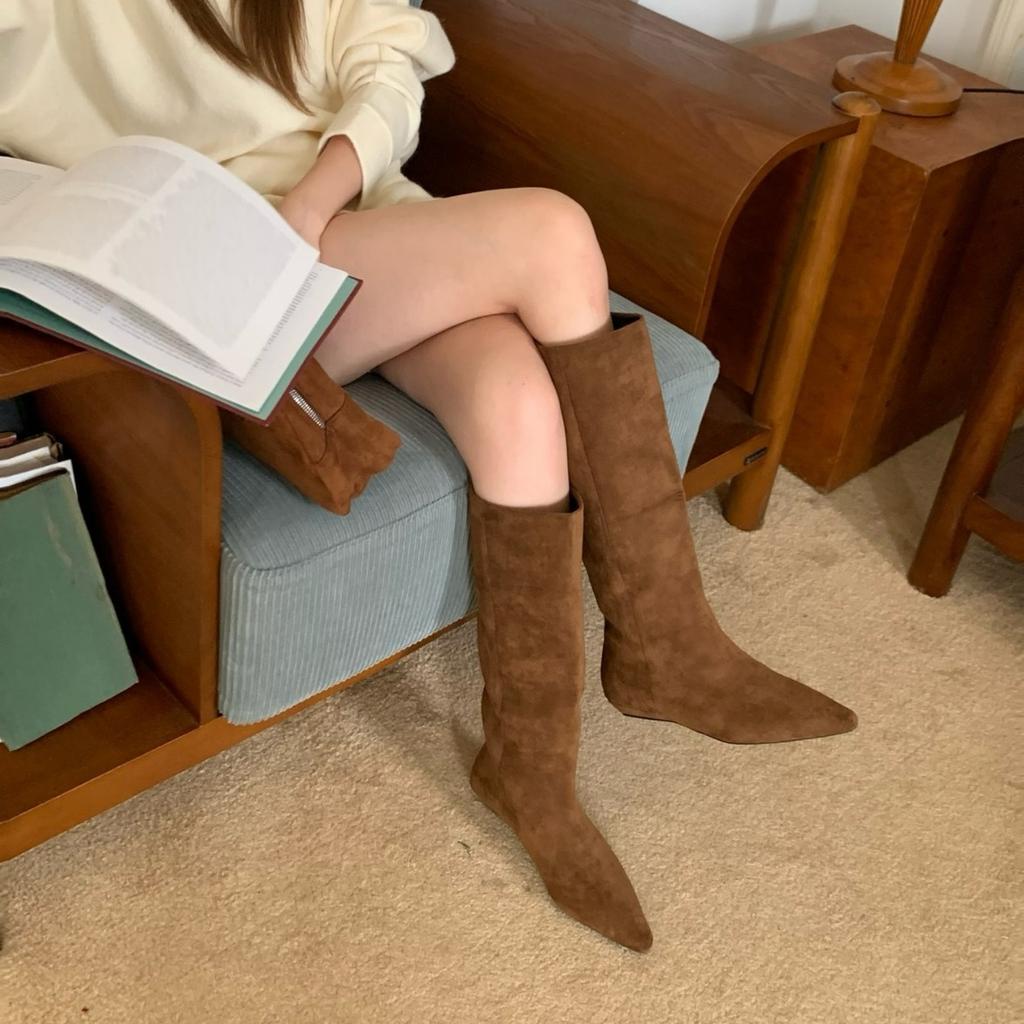 2025 New Small Pointed Suede Tall Thin But Knee Slope Heel Women's Boots