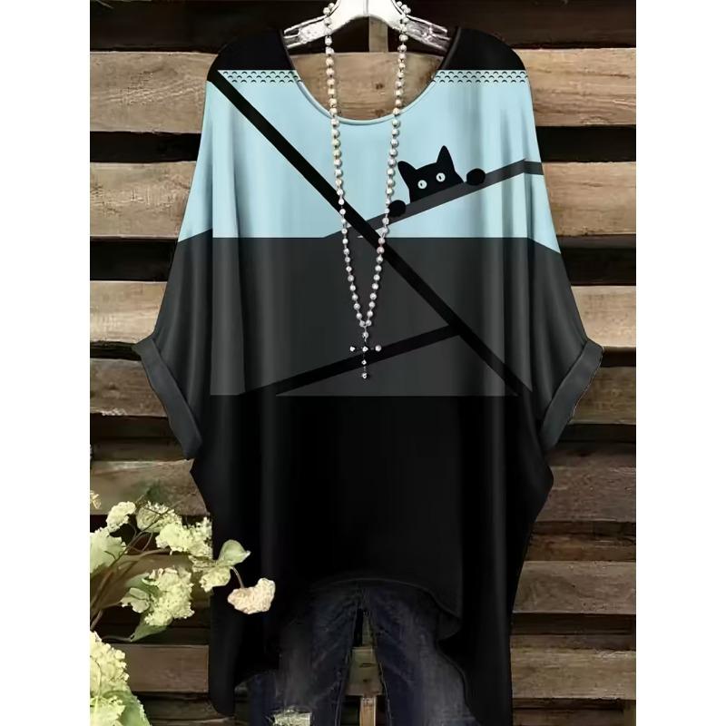 Camiseta Retro para Mujer Gráfico de Gato Anime Ropa de Chica Verano Cuello Redondo Manga Corta Camisetas Femeninas Harajuku Streetwear Blusa Oversized