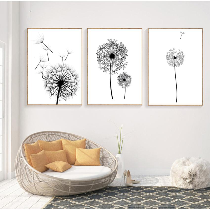 Wall Art Canvas Abstract Painting Picture Nordic Dandelion Flower S and Prints Living Room Scandinavian Black and White