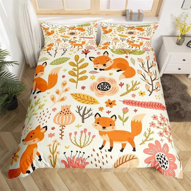 

Cartoon Animal Duvet Cover Twin Cute Hedgehog Bedding Set Botanical Flower Leaves Comforter Cover Woodland Animal Quilt Cover EU Single(135x200cm)
