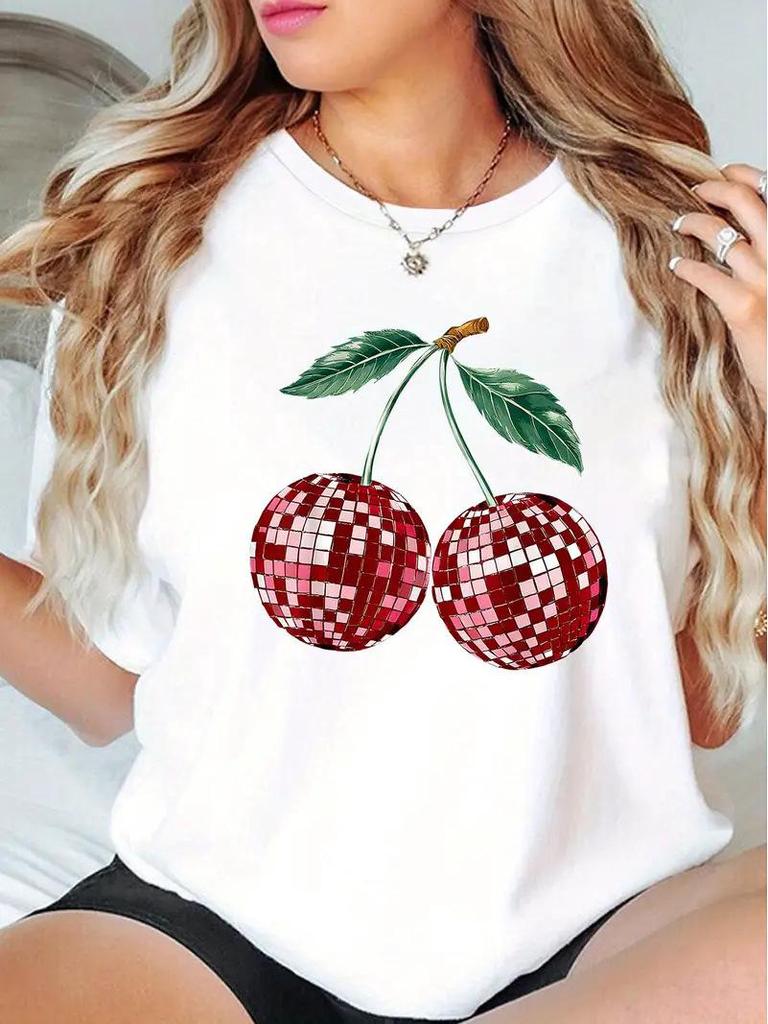 Damen Kirschdruck Kurzarmtop mit kostenlosem Versand - Europäischer & Amerikanischer Stil
