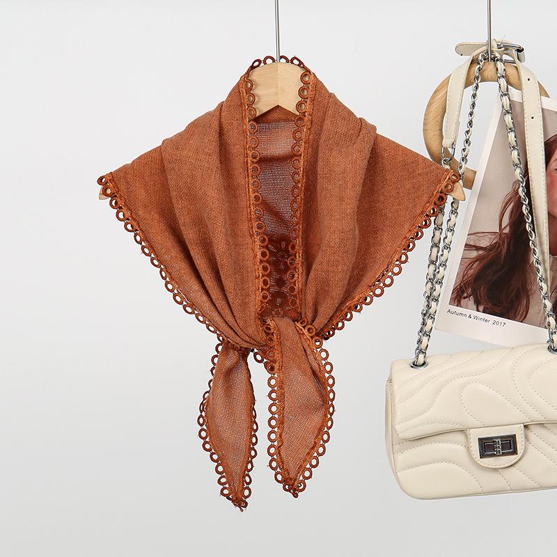 Korean Retro Color Block Cotton Linen Scarf for Women: Spring/Autumn Lace Triangle Headscarf