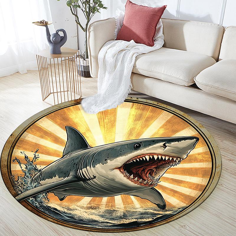 Great White Shark Round Area Rug,Carpet Rug for Living Room Bedroom Sofa Playroom Decor,Non-slip Floor Mat
