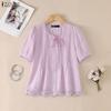 ZANZEA  Women Short Puff Sleeve V Neck Lace Trim Button Down Blouse