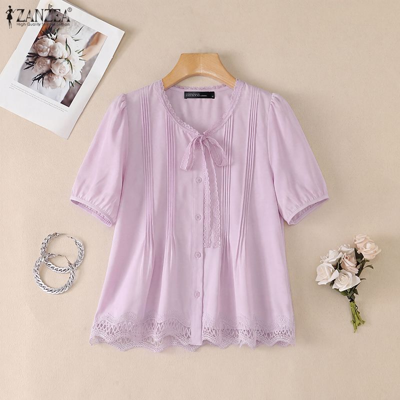 ZANZEA Women Short Puff Sleeve V Neck Lace Trim Button Down Blouse