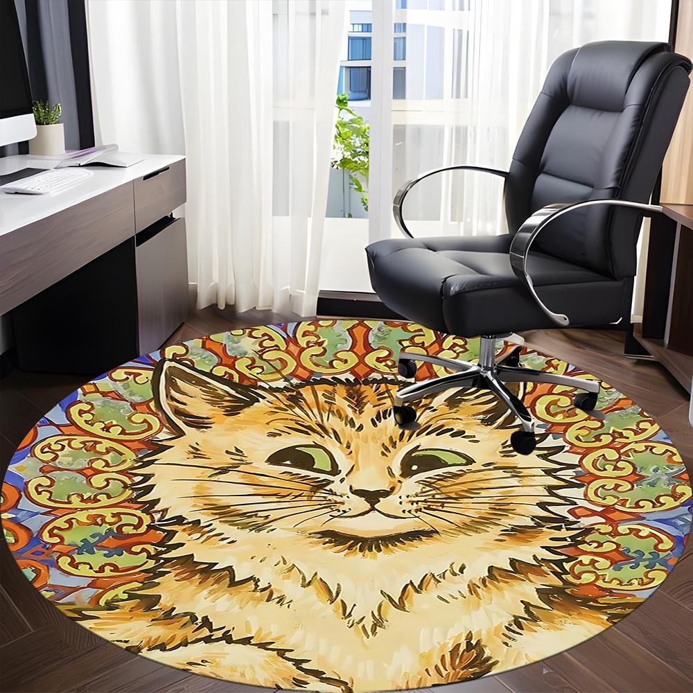 1pc Cat Mandala Office Round Area Rug, Indoor Mat Suitable For Office, Under Office Chairs Bedroom Living Room Home Decor, Room Deco