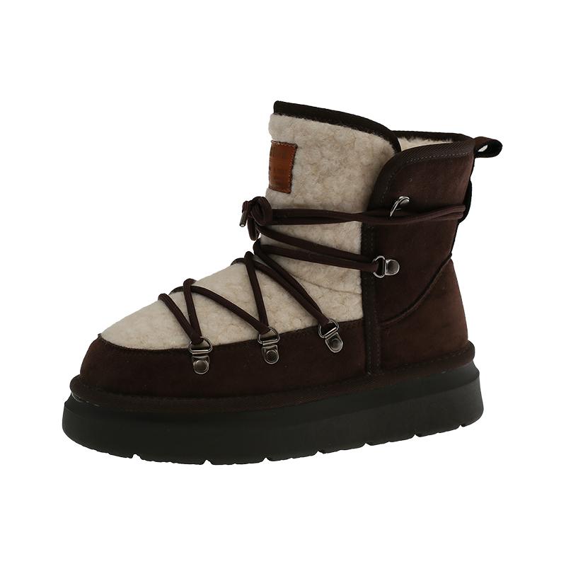 Platform Fleece Snow Boots Women's  Winter New Slip-on Fur All-in-One Lace Warm Booties