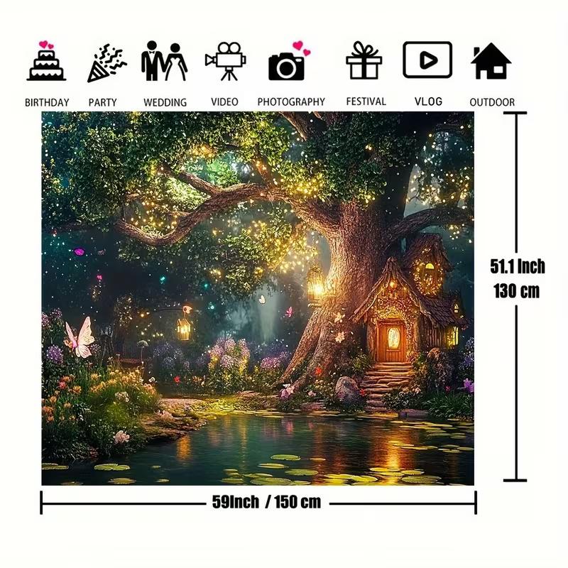 Arazzo 2D Casa sull'albero delle fiabe, Stagno magico nella foresta e farfalle da appendere alla parete, Sfondo fantasy