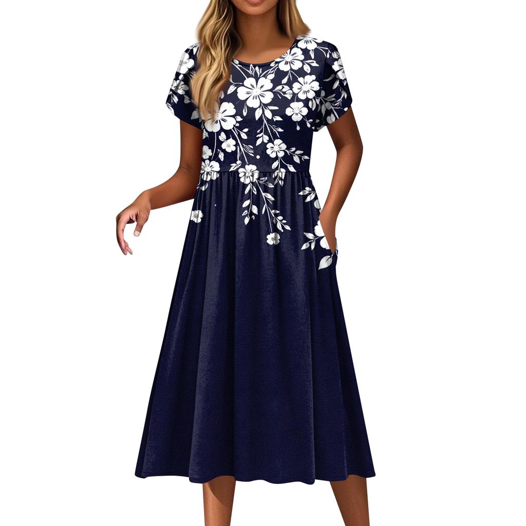 Women's Fashion Casual Loose Floral Print Round Neck Pocket Short Sleeve Dress