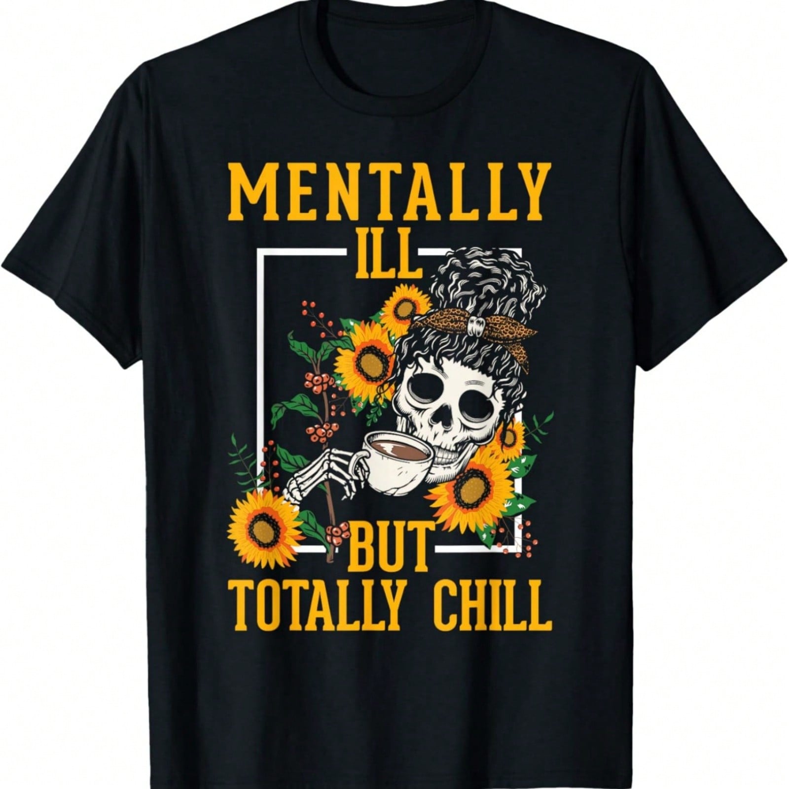 tally Ill But Totally Chill Leopard Messy Bun Skeleton T-Shirt S разноцветный