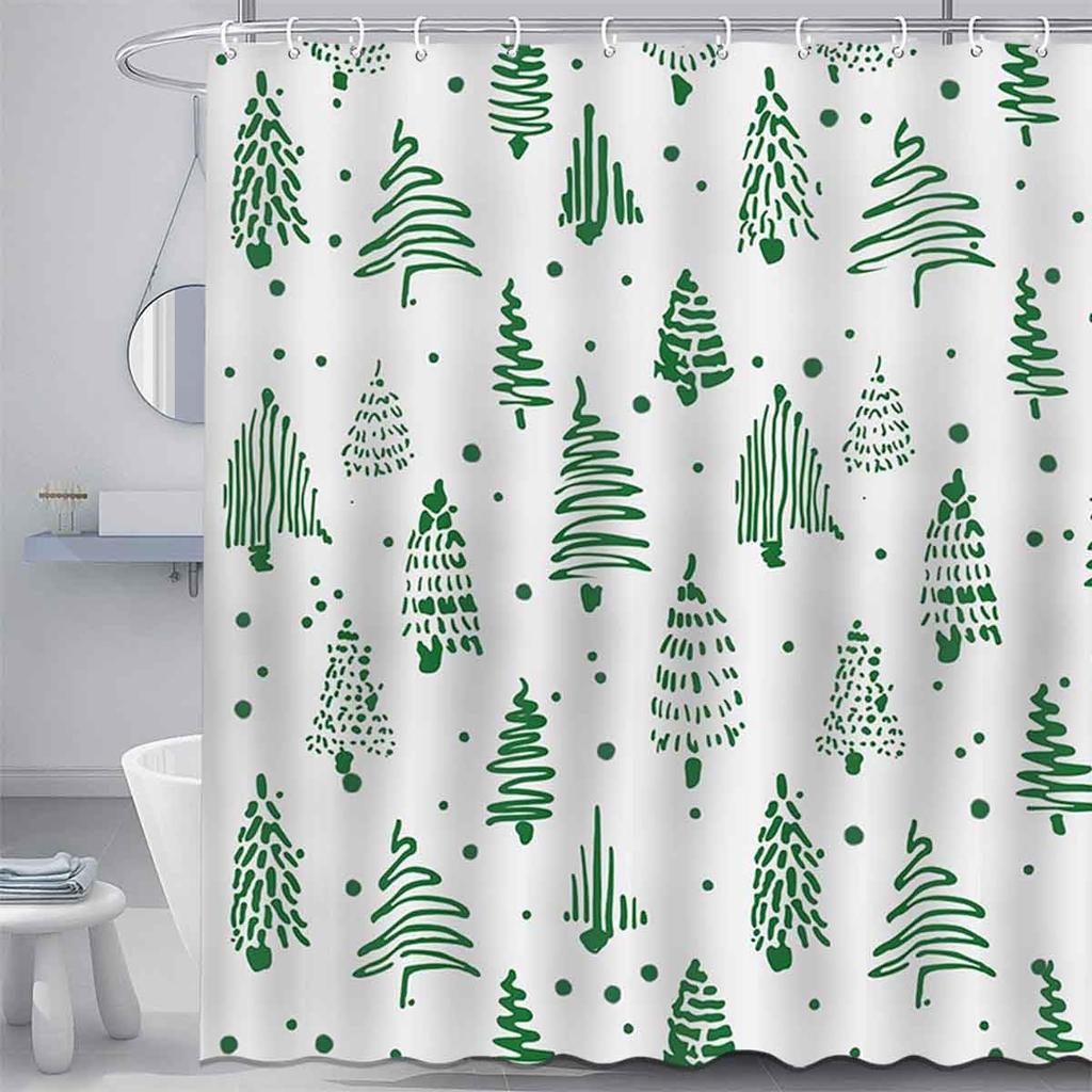 Christmas Trees Shower Curtain Merry Christmas Red Bathroom Curtain Xmas Winter Polyester Fabric Shower Curtain Set With 12Hooks