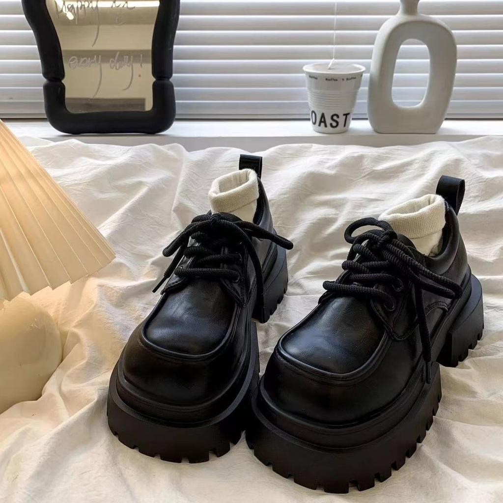 British Style Lace-up Small Leather Shoes Soft Sole Round Head Single Shoes Women's Muffin Thick-soled Patent Leather Loafers Women's 2024 Autumn New