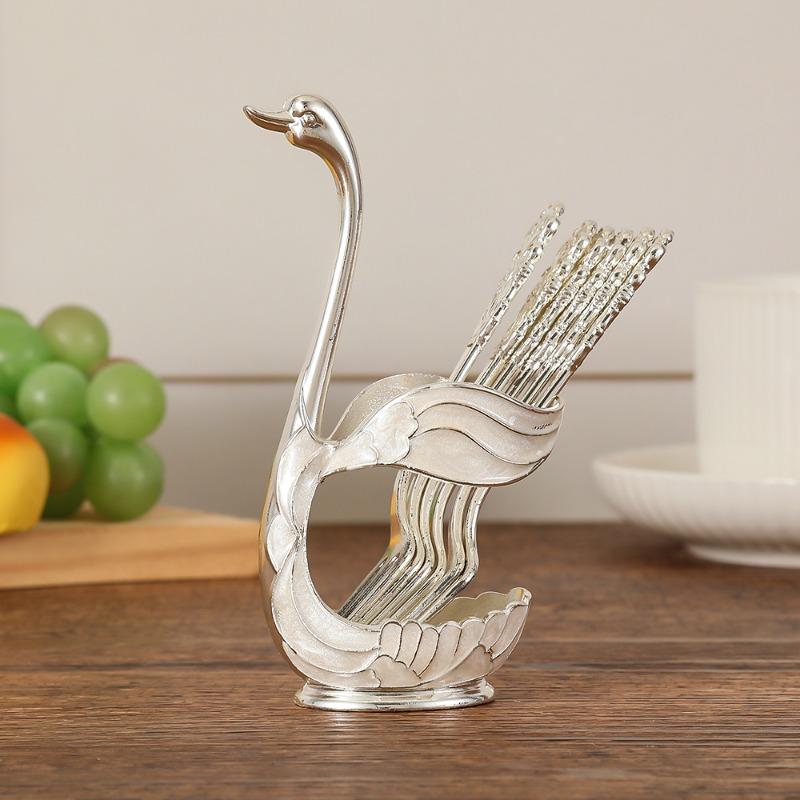 Swan Fruit Fork Storage Kitchen Creative Metal Craftware Set of Silver and Gold Color Spoons