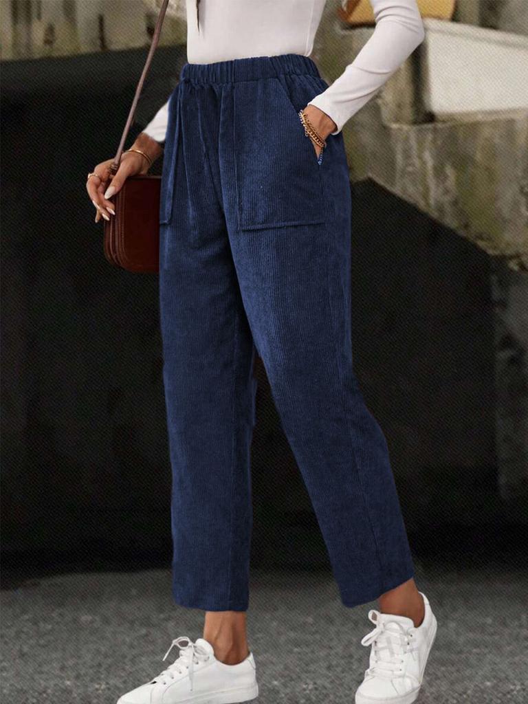 New Fall Women's Clothing Solid Elastic Waist Corduroy Pants Women Straight Leg Casual
