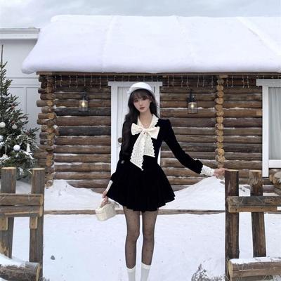 2025 Reiches Mädchen Schwarzes Kleid: Duftender Stil, Taillenbetonendes Prinzessinnenkleid für Herbst/Winter