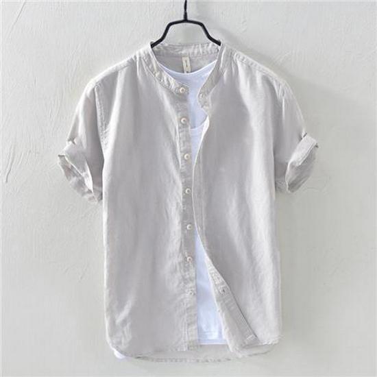 Men's Short Sleeve Stand Collar White Linen Shirt - Lightweight, Breathable, Casual, and Fresh.