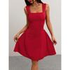 Fashion Solid Color Party Square Neck Backless Mini Slip Dresses 2025 New Elegant High Waist Club Pleated Short Dress