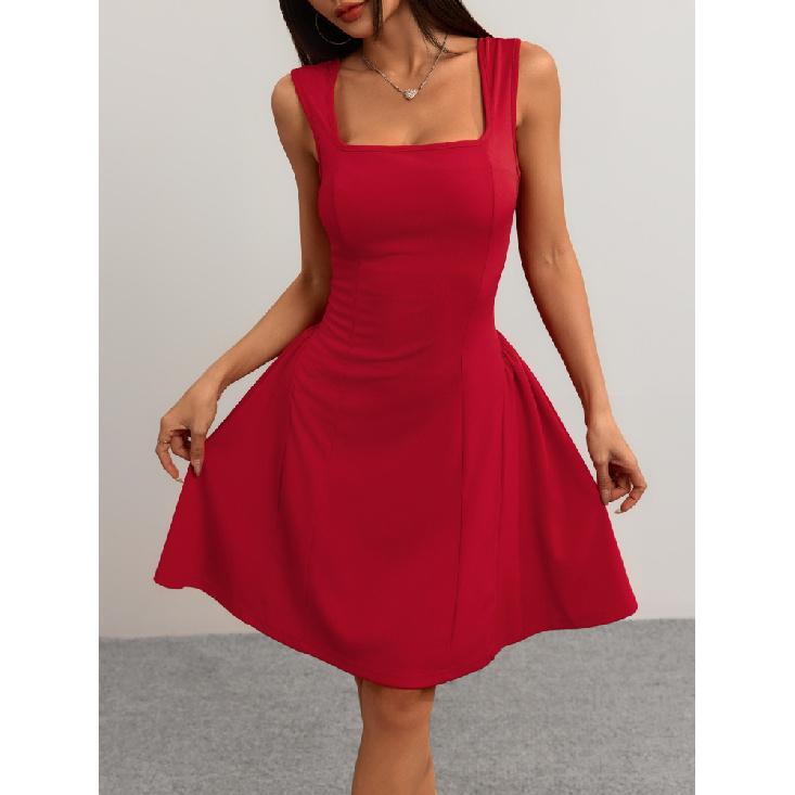 Fashion Solid Color Party Square Neck Backless Mini Slip Dresses 2025 New Elegant High Waist Club Pleated Short Dress