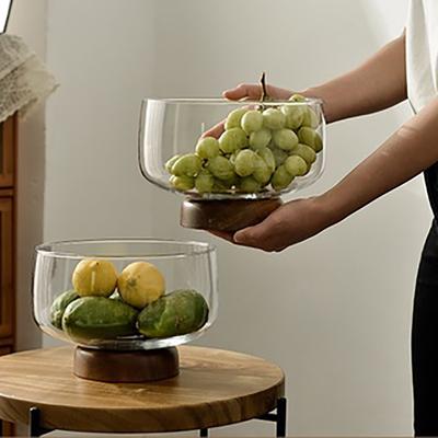 Europäische Transparente Glas Holzfuß Obstschale Salatschüssel Süßigkeiten Dessert Aufbewahrungstablett Kaffeetisch Desktop Heimdekoration