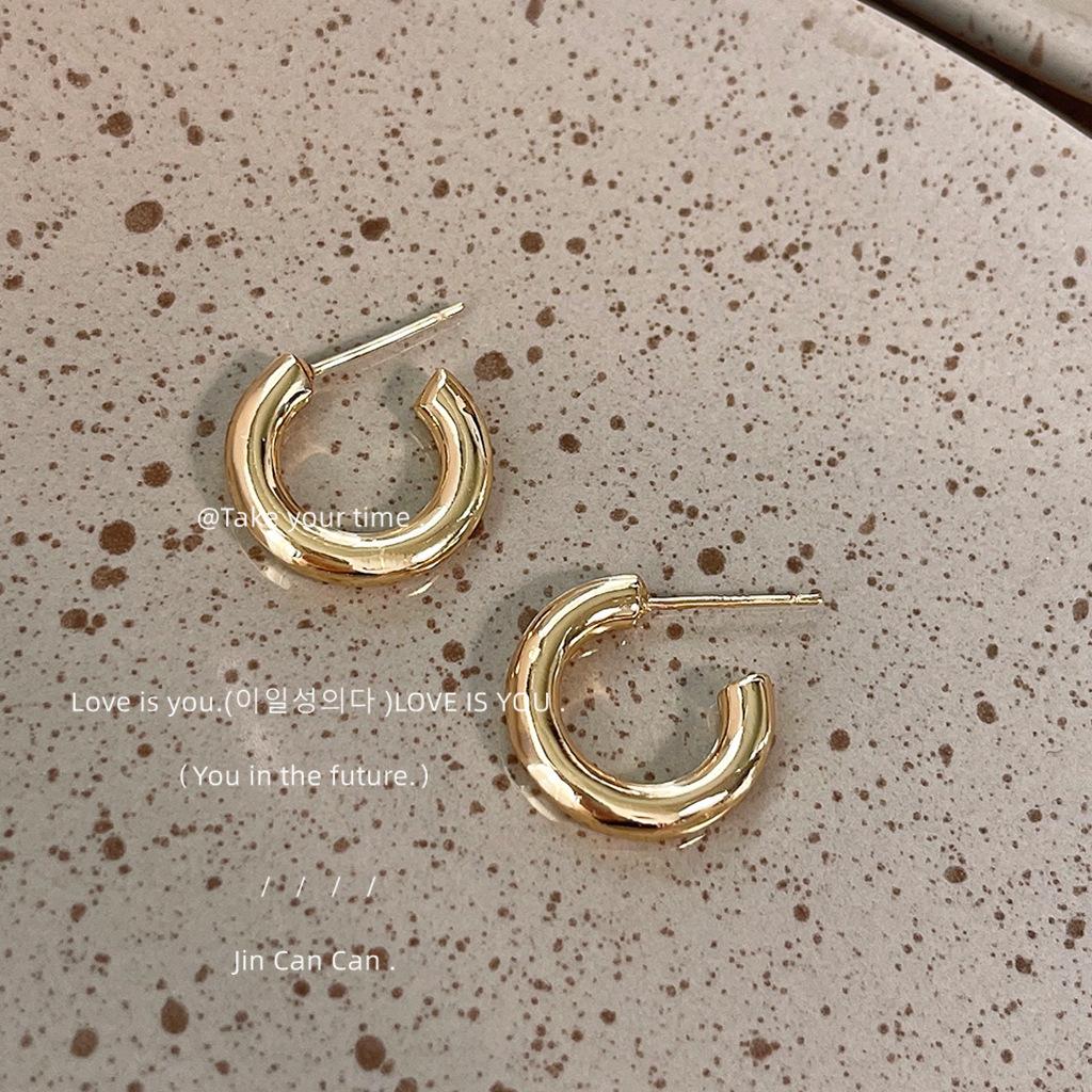 

Heavy industry! 925 silver needle plated 14K smooth round earrings ins earrings, wholesale supply