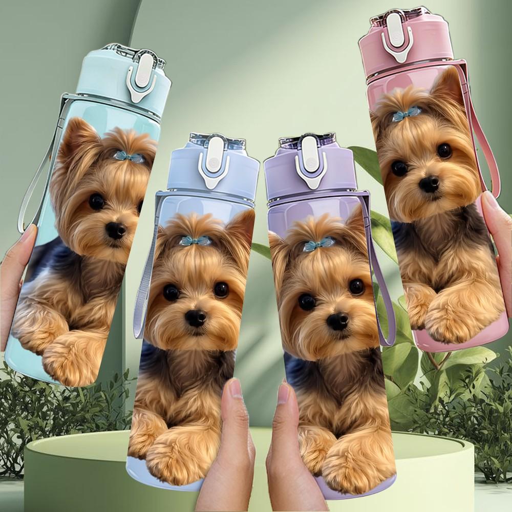 1PC Gentle Yorkie Puppy Close View 750ml Color Plastic Sports Water Bottle Leakproof Flip Straw Lid Suitable for Sports Office Home Use
