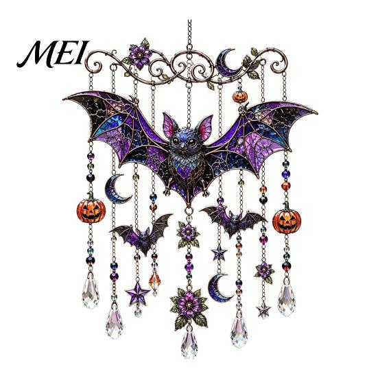 Whimsical Bat And Black Cat Decor Halloween Acrylic Wind Chime Pendant, Crystal Suncatcher Hanging Ornaments, Decorative Luminous Pumpkin Porch