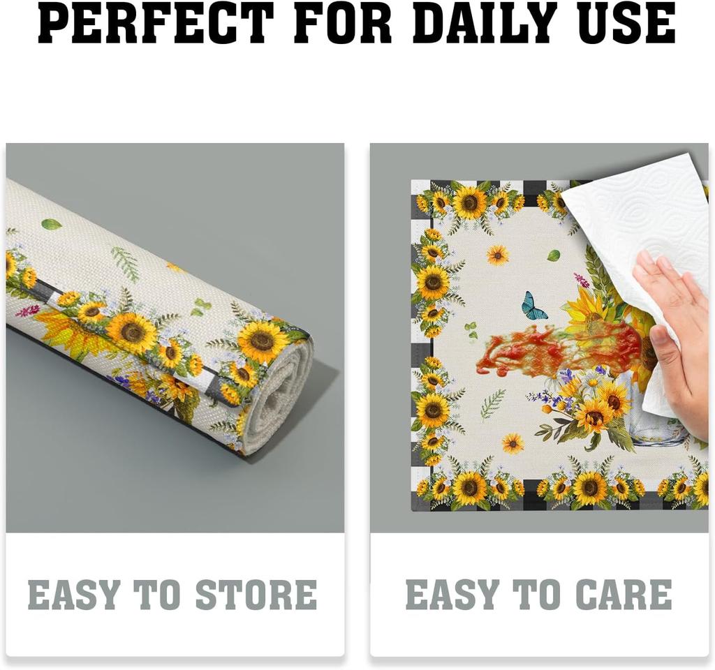 Sunflower Placemats Set of 4 18x12 Inch Summer Fruit Black and White Buffalo Plaid Linen Place Mats Wipeable Yellow Floral Table Mat