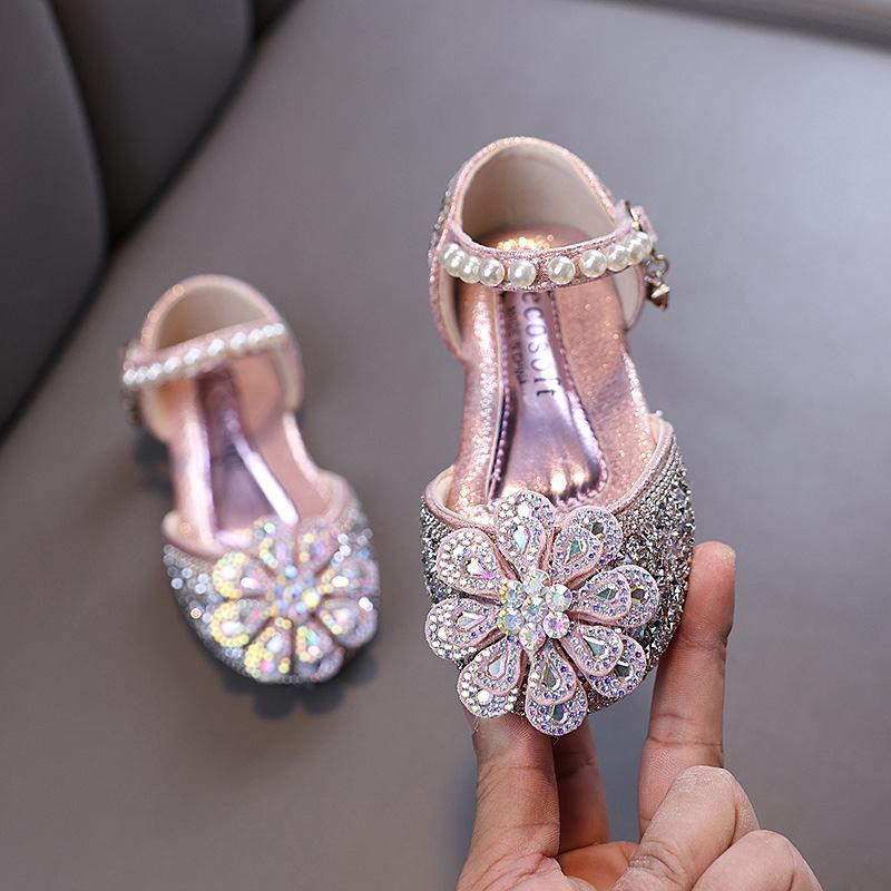 Wiosenno-jesienny nowy styl, eleganckie, dla małych dziewczynek, dziewczęce, księżniczki, płaskie buty z cyrkoniami, skórzane buty, buty do występów tanecznych