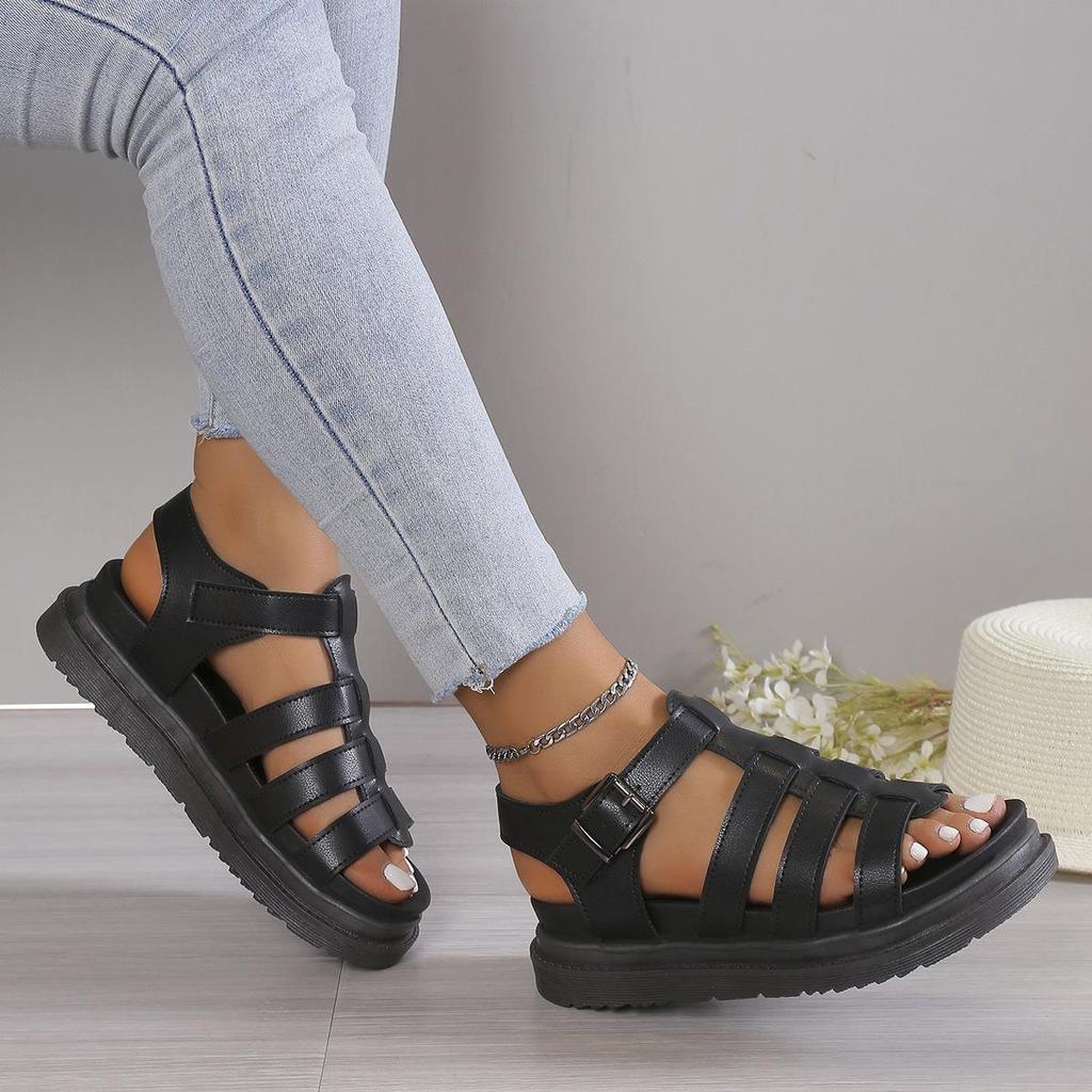Flat-bottomed Roman Muffin Sandals Women's New Large-size Sandals Women's Summer One-word Woven Straps Retro Sandals Women