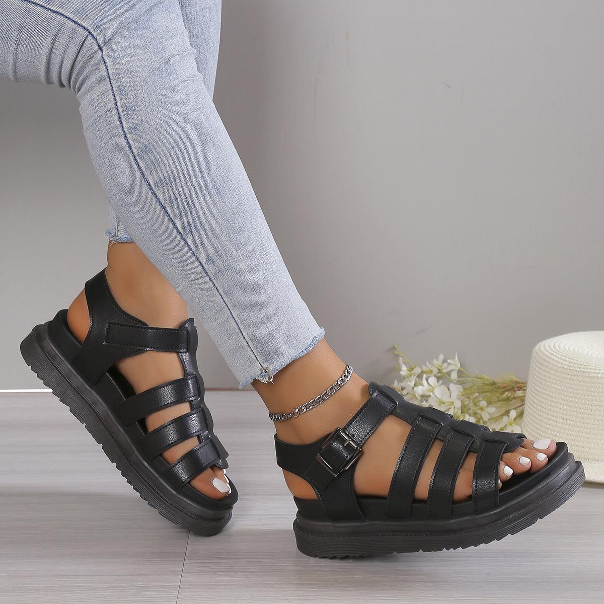 

Flat-bottomed Roman muffin sandals women s large-size sandals women s summer one-word woven straps retro sandals women 43 чёрный