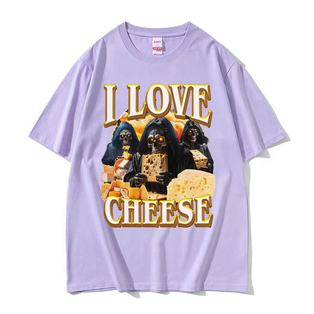 Vintage Skeleton I Love Cheese Meme T Shirts Funny Gothic Graphic Tshirts Unisexs Women Summer Crewneck Cotton Tshirt Streetwear