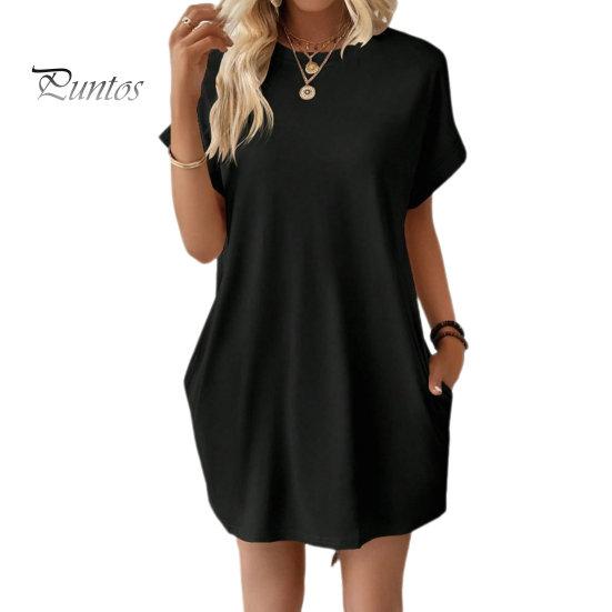 

Жіноча літня сукня чистого кольору з круглим вирізом, короткими рукавами, вільними бічними кишенями, повсякденна, дихаюча, м’яка міні-сукня для щоденних поїздок на роботу в офіс і на побачення. M чорний