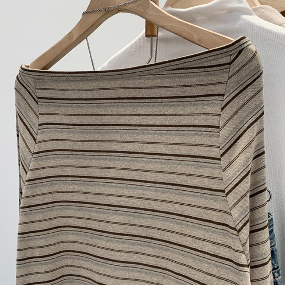 Autumn 2025 New Arrival: Women's High-End Korean Style Striped One-Shoulder Long-Sleeved T-Shirt