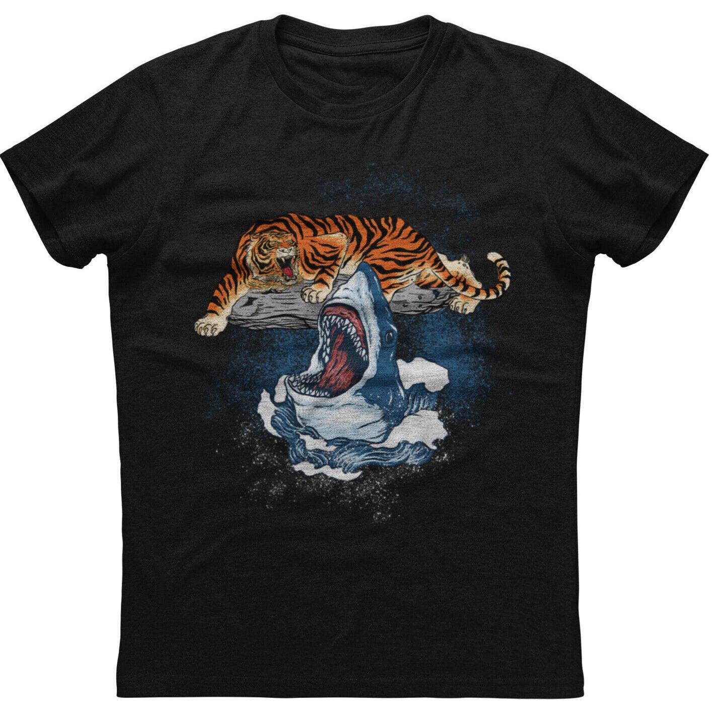 Tiger And Shark Roar Mens Short Sleeve New Cotton Black Tshirt Mens 100 Cotton Casual Tshirts Loose Top Size S3XL S