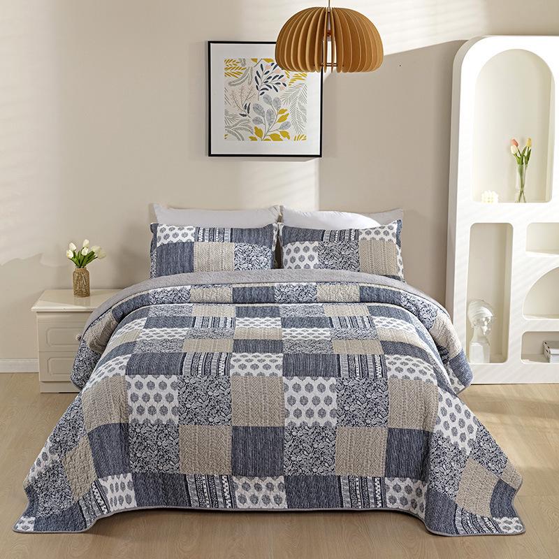 Double-Sided Pure Cotton Plaid Quilt & Pillowcase Set for Double Bed